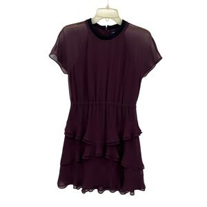 Madewell 1937 Burgundy Sheer Tiered‎ Ruffle Short Sleeve Dress Size 0